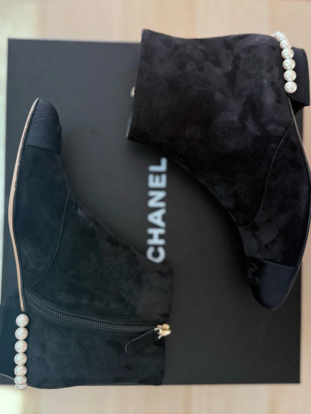 CHANEL Black Suede Pearl Heel Ankle Boots